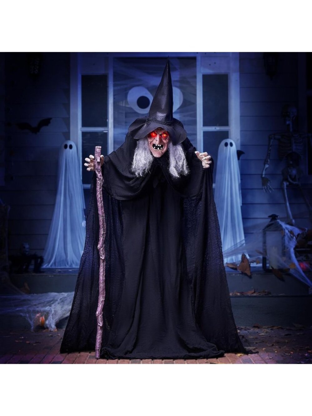 Life-Size Animated Witch Halloween Decor with Sound & Light-Up Eyes - Creepy